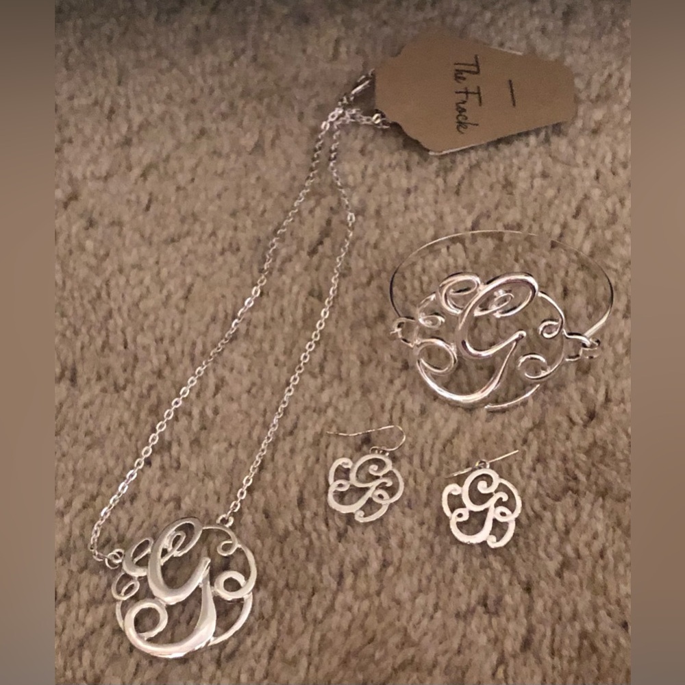 Silver “G” Monogram Jewelry Set- Necklace, Earrings, and Bracelet